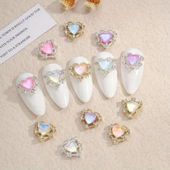 10pcs Aurora Peach Heart Nail Charms + Rhinestones Nail Gem Accessories