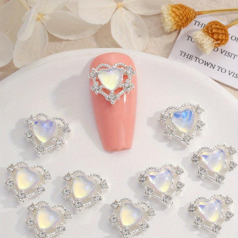 10pcs Aurora Peach Heart Nail Charms + Rhinestones Nail Gem Accessories