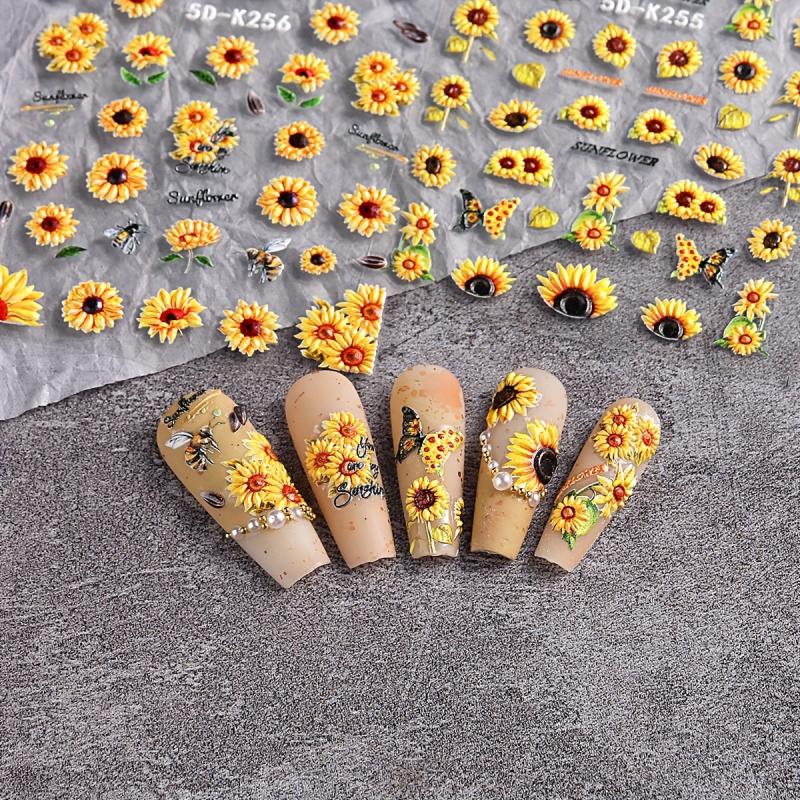 2 Sheets 5D Embossed Sunflower Nail Stickers Self Adhesive Flower Nail Art Decal