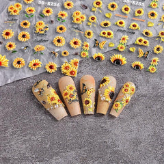 2 Sheets 5D Embossed Sunflower Nail Stickers Self Adhesive Flower Nail Art Decal
