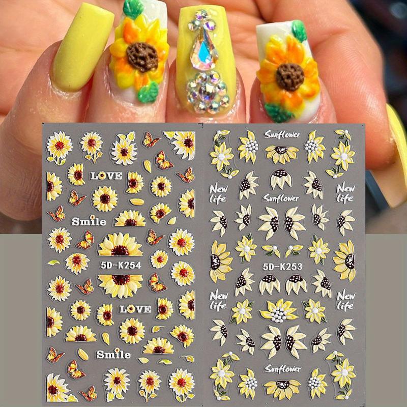 2 Sheets 5D Embossed Sunflower Nail Stickers Self Adhesive Flower Nail Art Decal
