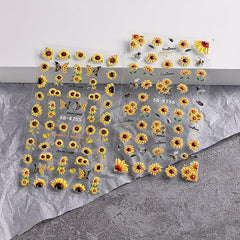 2 Sheets 5D Embossed Sunflower Nail Stickers Self Adhesive Flower Nail Art Decal
