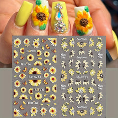 2 Sheets 5D Embossed Sunflower Nail Stickers Self Adhesive Flower Nail Art Decal