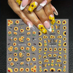 2 Sheets 5D Embossed Sunflower Nail Stickers Self Adhesive Flower Nail Art Decal