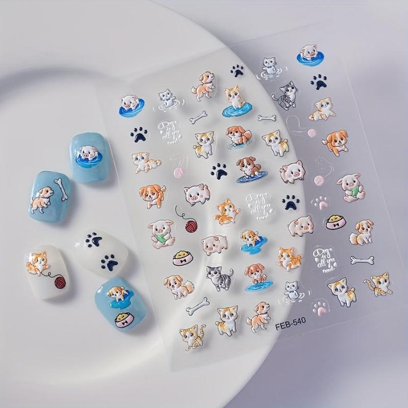 5D Embossed Animal Art Stickers Dog Cat Cake & Pig Designs Nail Supplies