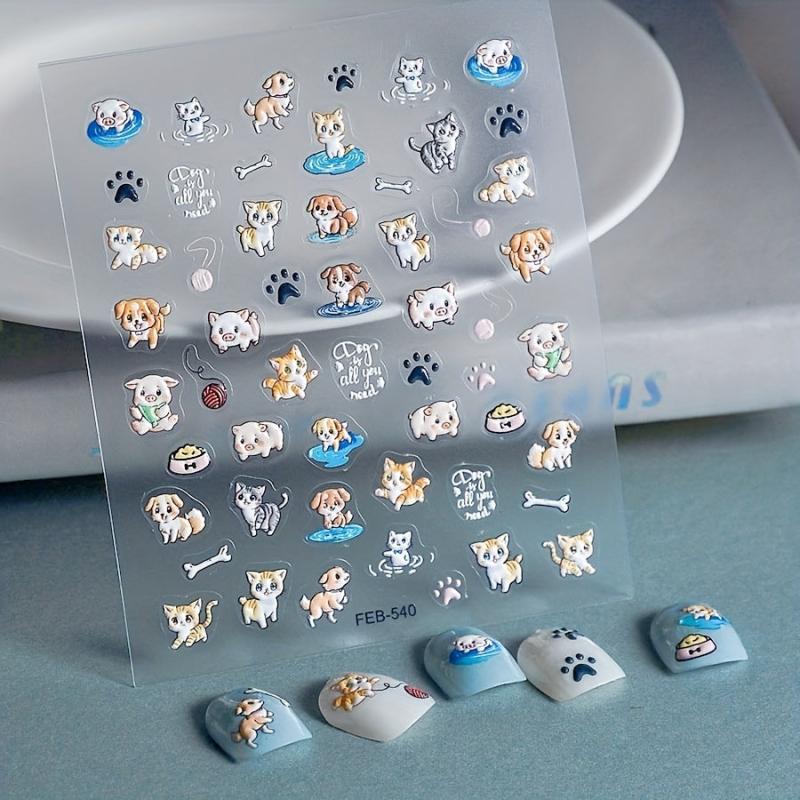 5D Embossed Animal Art Stickers Dog Cat Cake & Pig Designs Nail Supplies