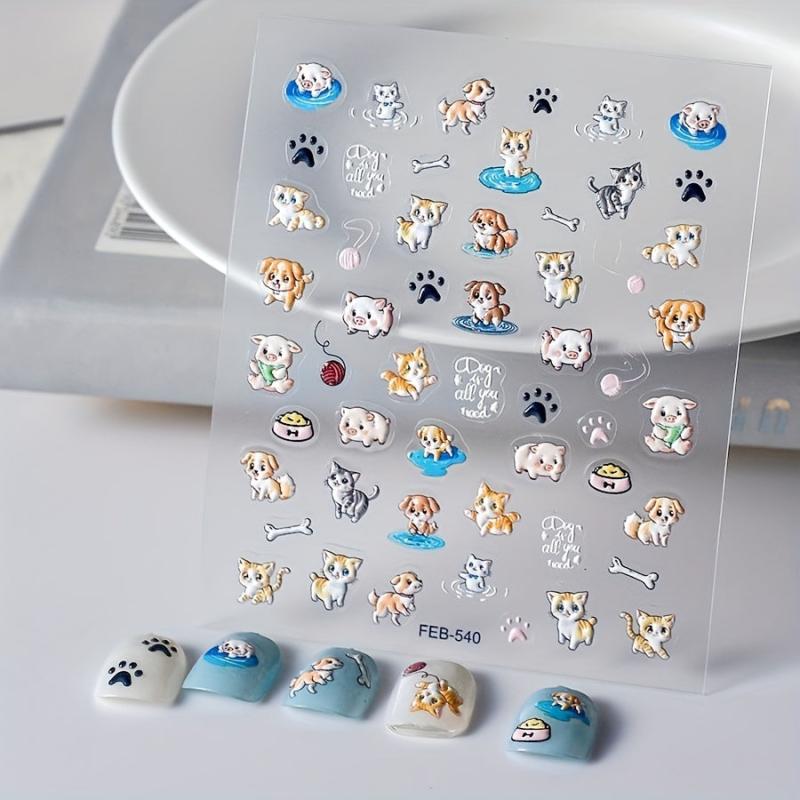 5D Embossed Animal Art Stickers Dog Cat Cake & Pig Designs Nail Supplies