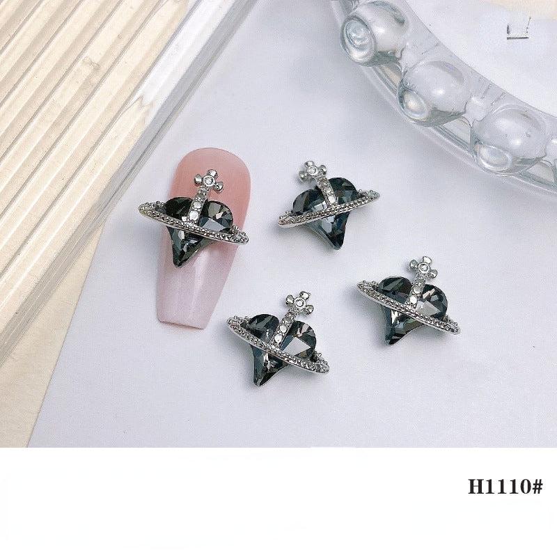 2pcs 3D Heart Planet Nail Charms With Rhinestones