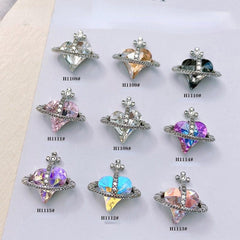 2pcs 3D Heart Planet Nail Charms With Rhinestones