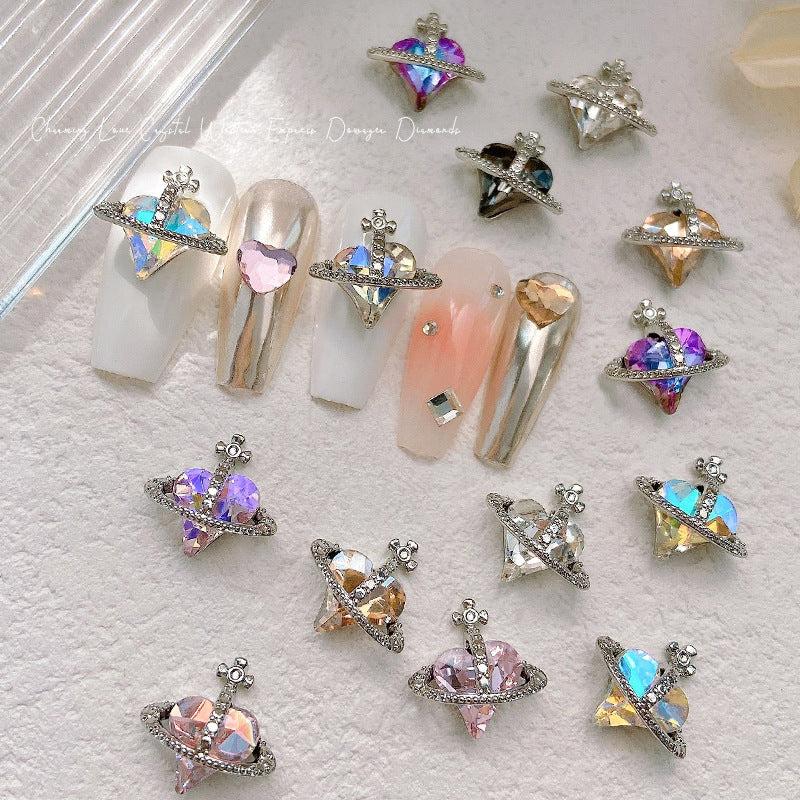 2pcs 3D Heart Planet Nail Charms With Rhinestones