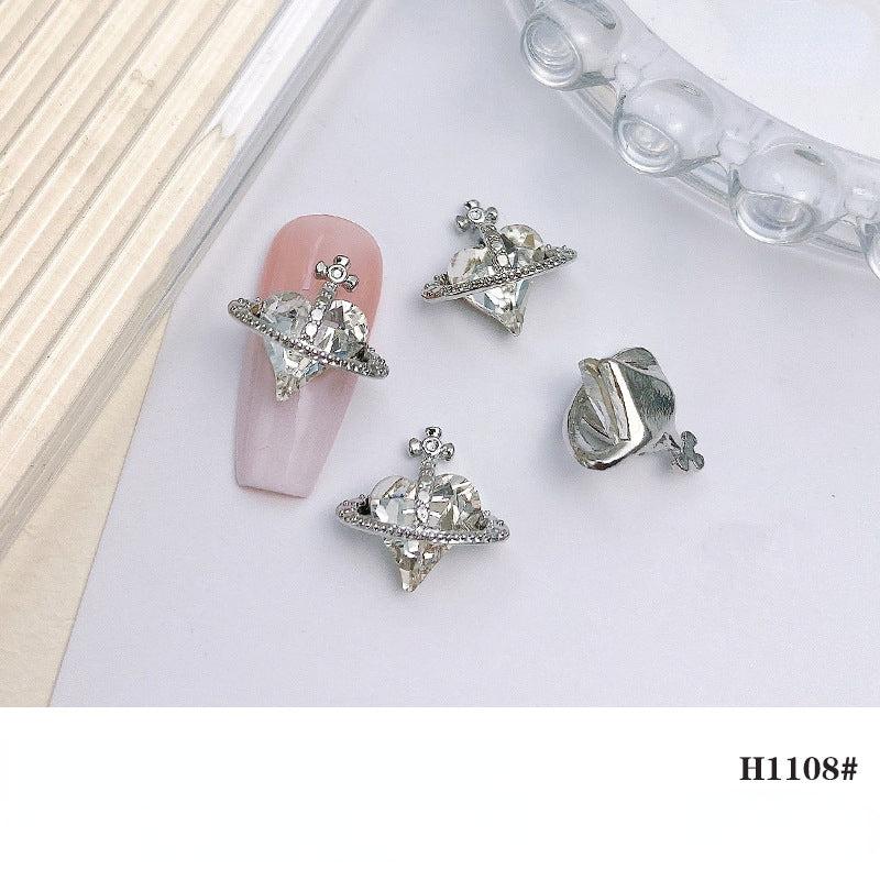 2pcs 3D Heart Planet Nail Charms With Rhinestones