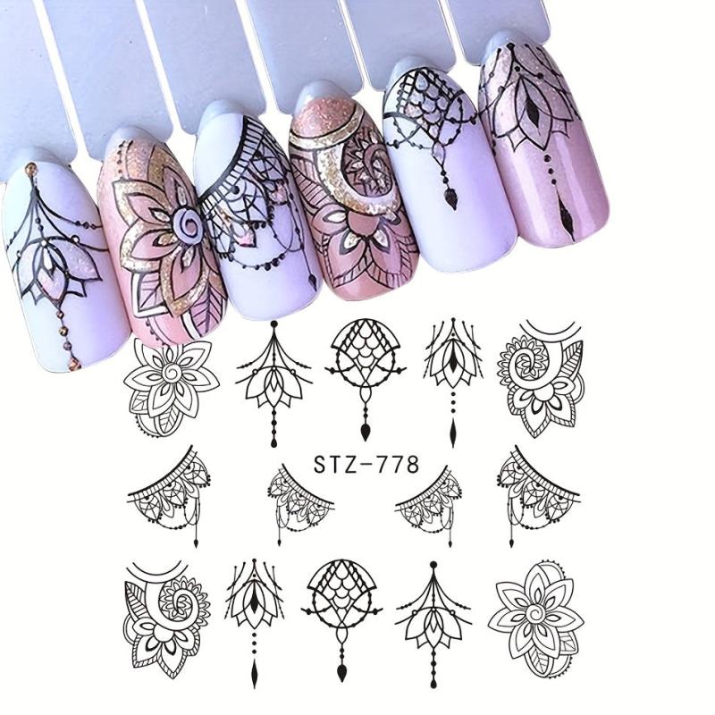 6pcs Rose Feather Nail Art Stickers DIY Decals with Necklace