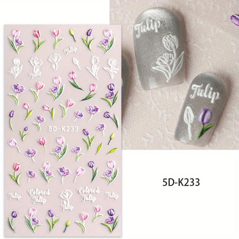 5D Embossed Tulip Flower Nail Art Stickers Decals, Self Adhesive Nail Decoration