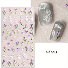 5D Embossed Tulip Flower Nail Art Stickers Decals, Self Adhesive Nail Decoration