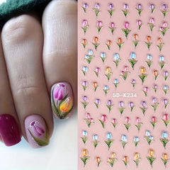 5D Embossed Tulip Flower Nail Art Stickers Decals, Self Adhesive Nail Decoration