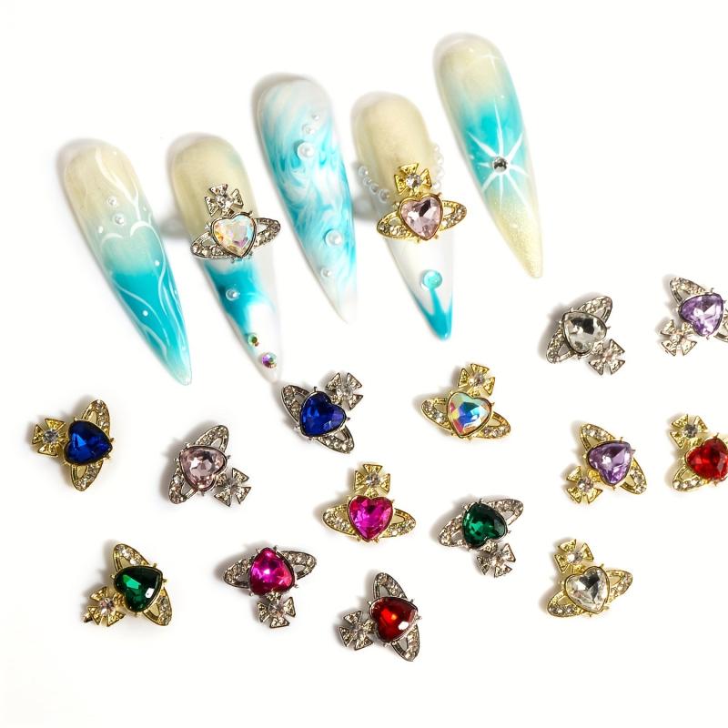 12pcs Planet Nail Art Charms With Rhinestones 3D Heart Nail Art Gemstones