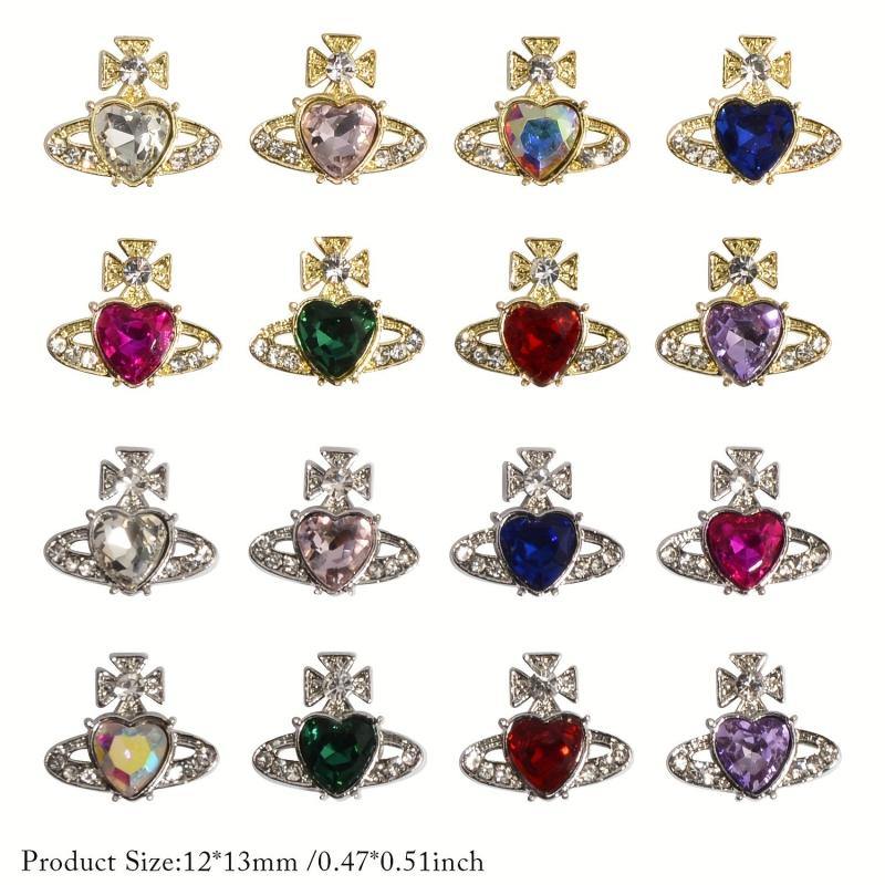 12pcs Planet Nail Art Charms With Rhinestones 3D Heart Nail Art Gemstones