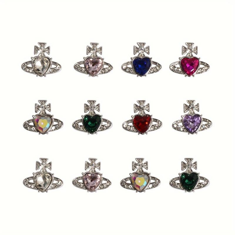 12pcs Planet Nail Art Charms With Rhinestones 3D Heart Nail Art Gemstones