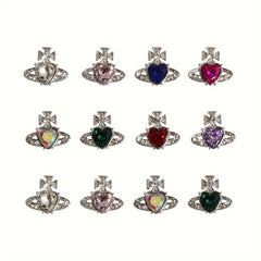 12pcs Planet Nail Art Charms With Rhinestones 3D Heart Nail Art Gemstones