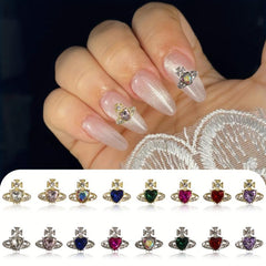 12pcs Planet Nail Art Charms With Rhinestones 3D Heart Nail Art Gemstones