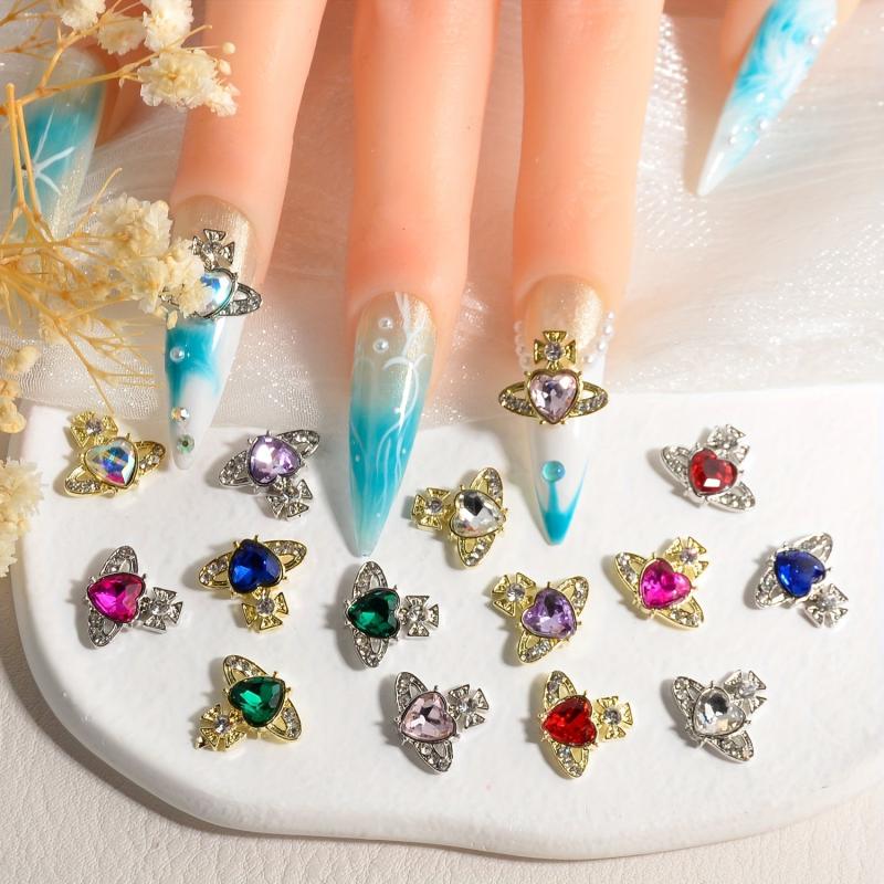 12pcs Planet Nail Art Charms With Rhinestones 3D Heart Nail Art Gemstones