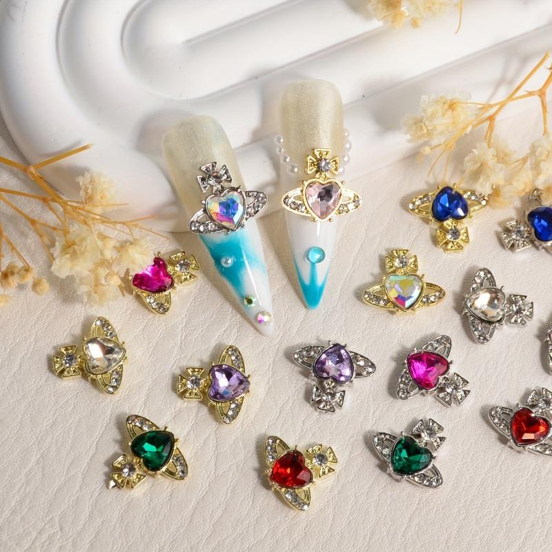 12pcs Planet Nail Art Charms With Rhinestones 3D Heart Nail Art Gemstones