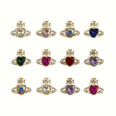 12pcs Planet Nail Art Charms With Rhinestones 3D Heart Nail Art Gemstones