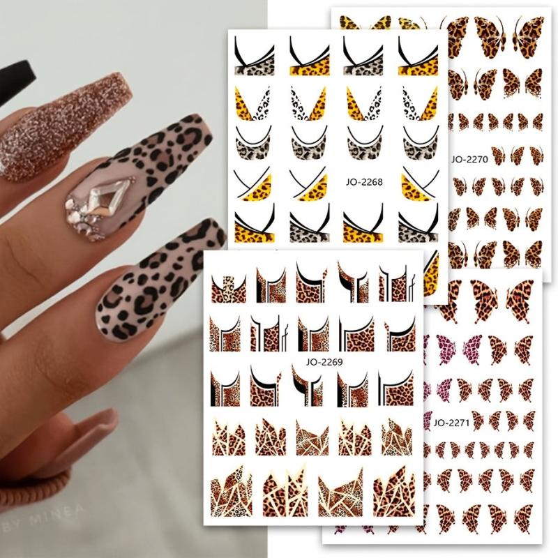 4 Pcs Leopard Print Geometric Nail Art Stickers 3D Adhesive Decal