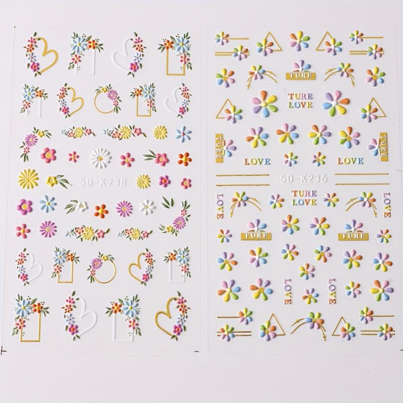 5D Embossed Flower Nail Art Stickers - 3 Sheets Pack