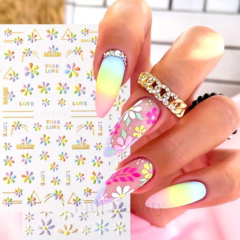 5D Embossed Flower Nail Art Stickers - 3 Sheets Pack