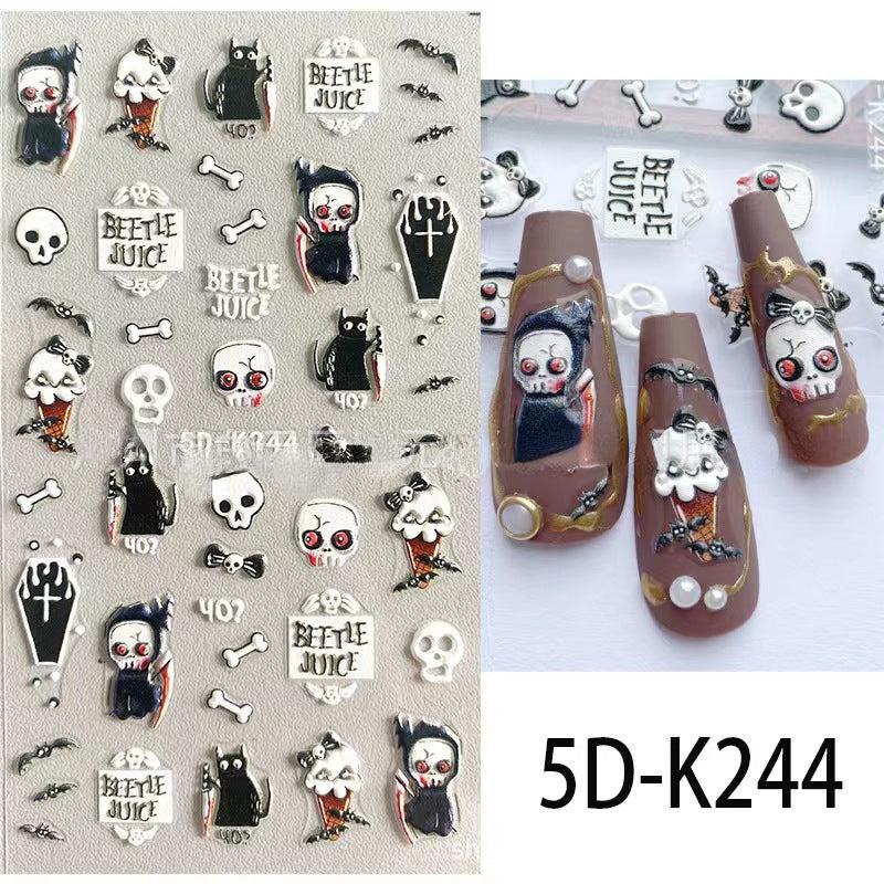 5D Stereoscopic Halloween Nail Stickers - Skull, Ghost, Pumpkin Decals