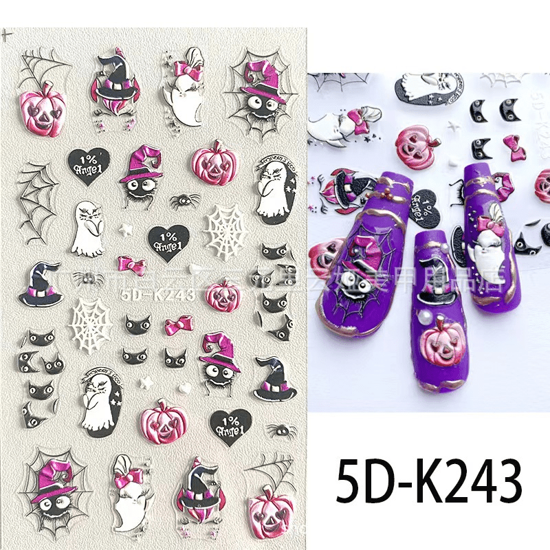 5D Stereoscopic Halloween Nail Stickers - Skull, Ghost, Pumpkin Decals