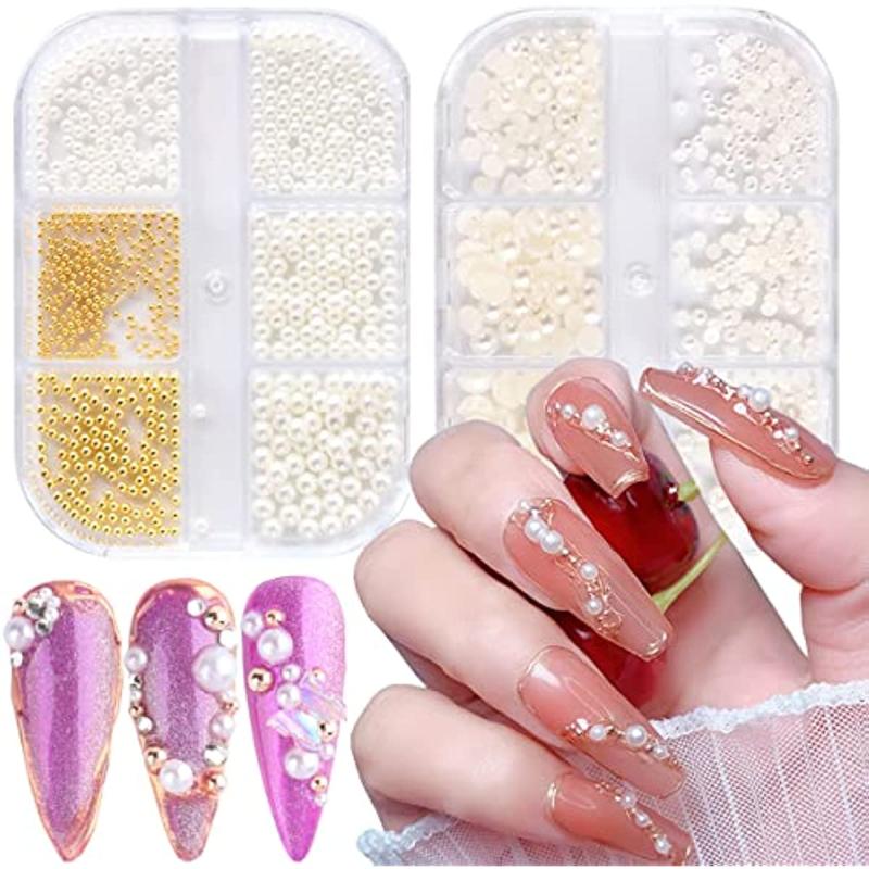 Nail Art Pearls & Mini Metal Caviar Beads Flatback AB Half Pearls