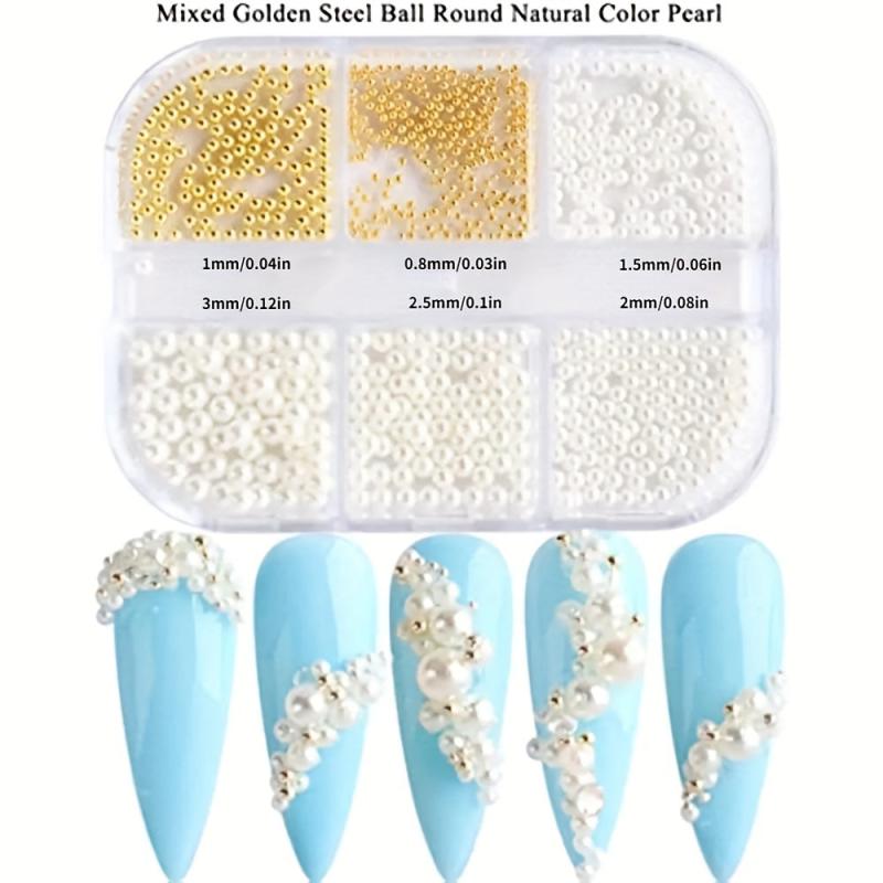 Nail Art Pearls & Mini Metal Caviar Beads Flatback AB Half Pearls