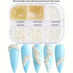 Nail Art Pearls & Mini Metal Caviar Beads Flatback AB Half Pearls