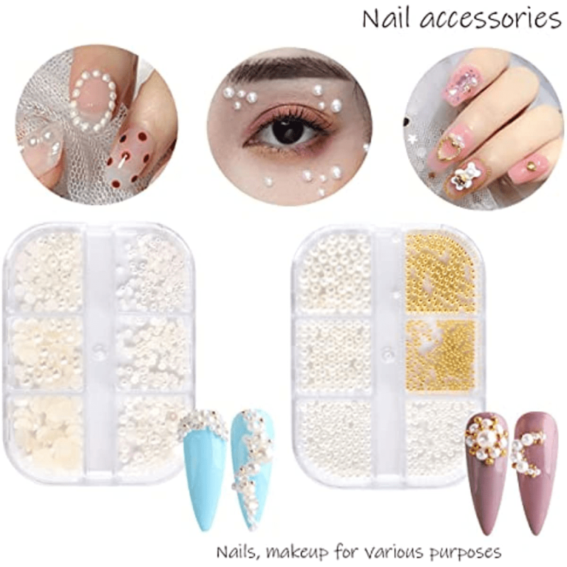 Nail Art Pearls & Mini Metal Caviar Beads Flatback AB Half Pearls