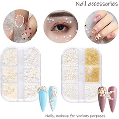Nail Art Pearls & Mini Metal Caviar Beads Flatback AB Half Pearls
