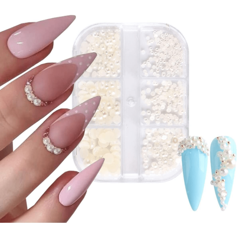 Nail Art Pearls & Mini Metal Caviar Beads Flatback AB Half Pearls
