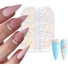 Nail Art Pearls & Mini Metal Caviar Beads Flatback AB Half Pearls