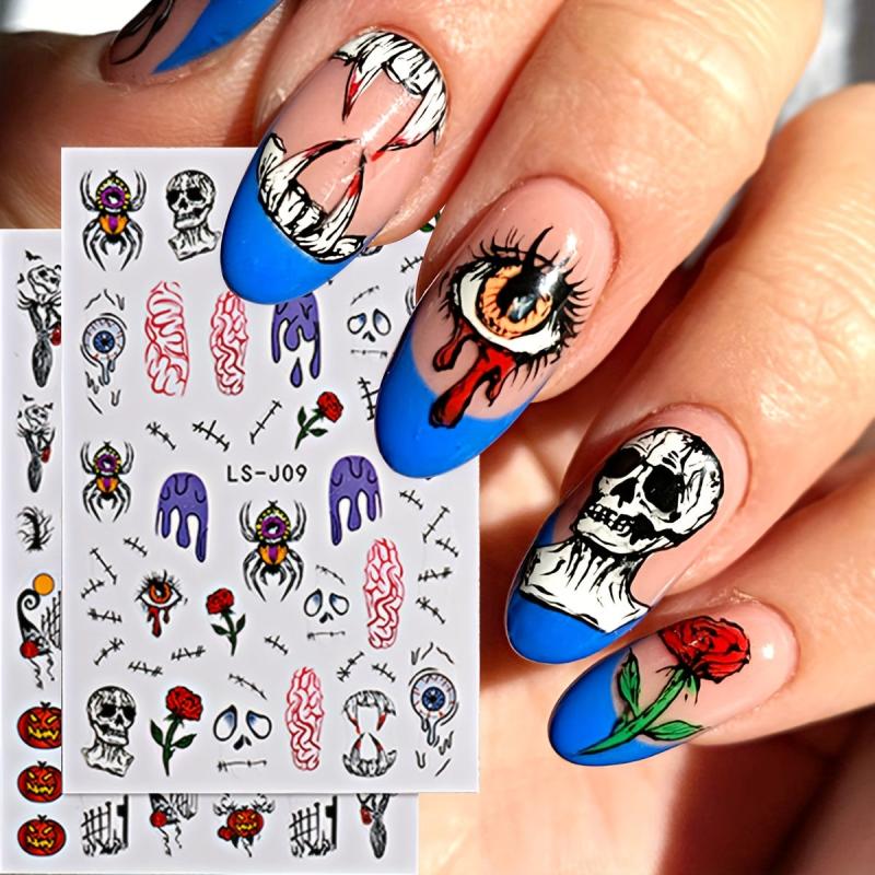 4pcs Halloween Nail Art Stickers Self Adhesive Decals Skull Bat Pumpkin Ghost