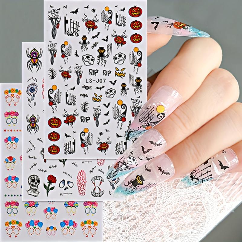 4pcs Halloween Nail Art Stickers Self Adhesive Decals Skull Bat Pumpkin Ghost