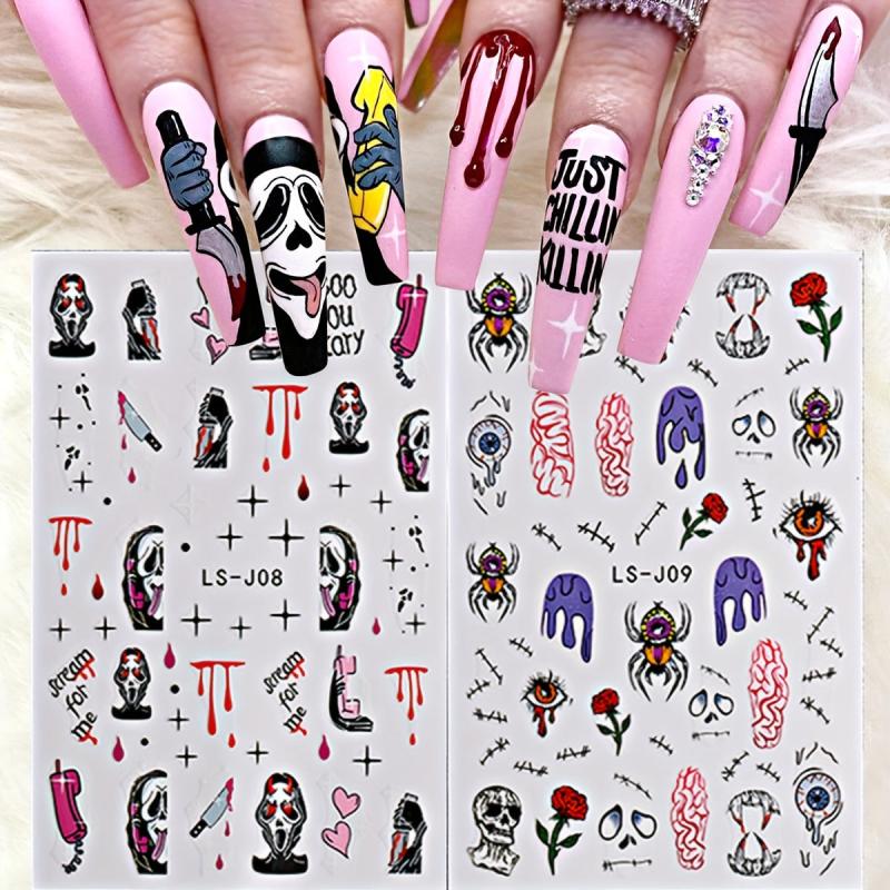 4pcs Halloween Nail Art Stickers Self Adhesive Decals Skull Bat Pumpkin Ghost
