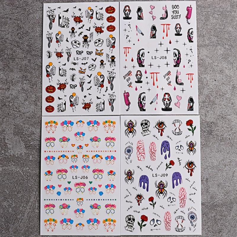 4pcs Halloween Nail Art Stickers Self Adhesive Decals Skull Bat Pumpkin Ghost