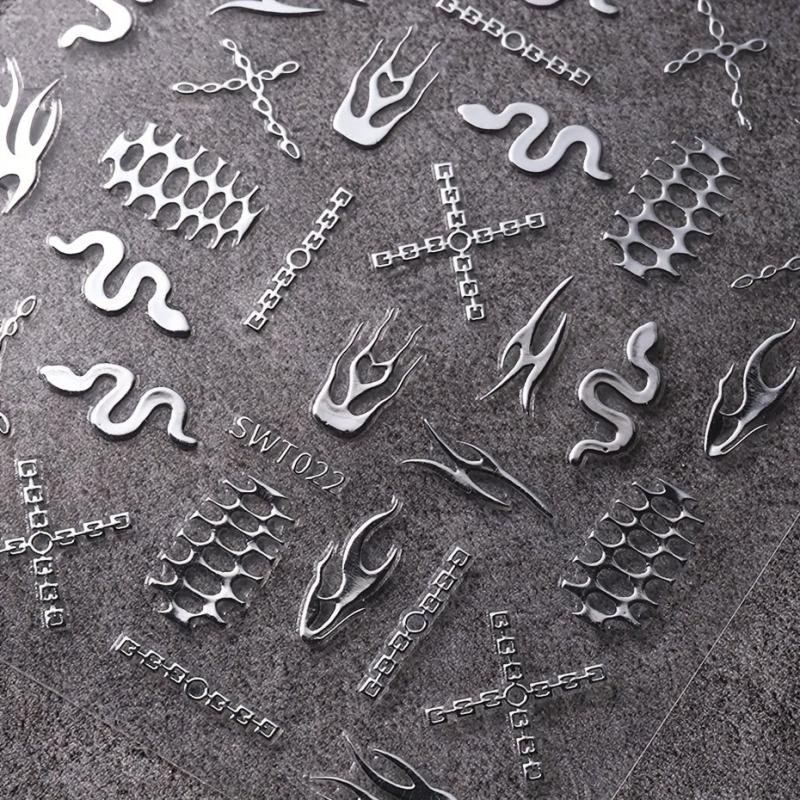 3D Skeleton Nail Sticker Silver Flame Lines Nail Sliders 2 Sheets