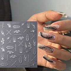 3D Skeleton Nail Sticker Silver Flame Lines Nail Sliders 2 Sheets