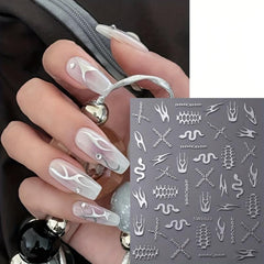 3D Skeleton Nail Sticker Silver Flame Lines Nail Sliders 2 Sheets