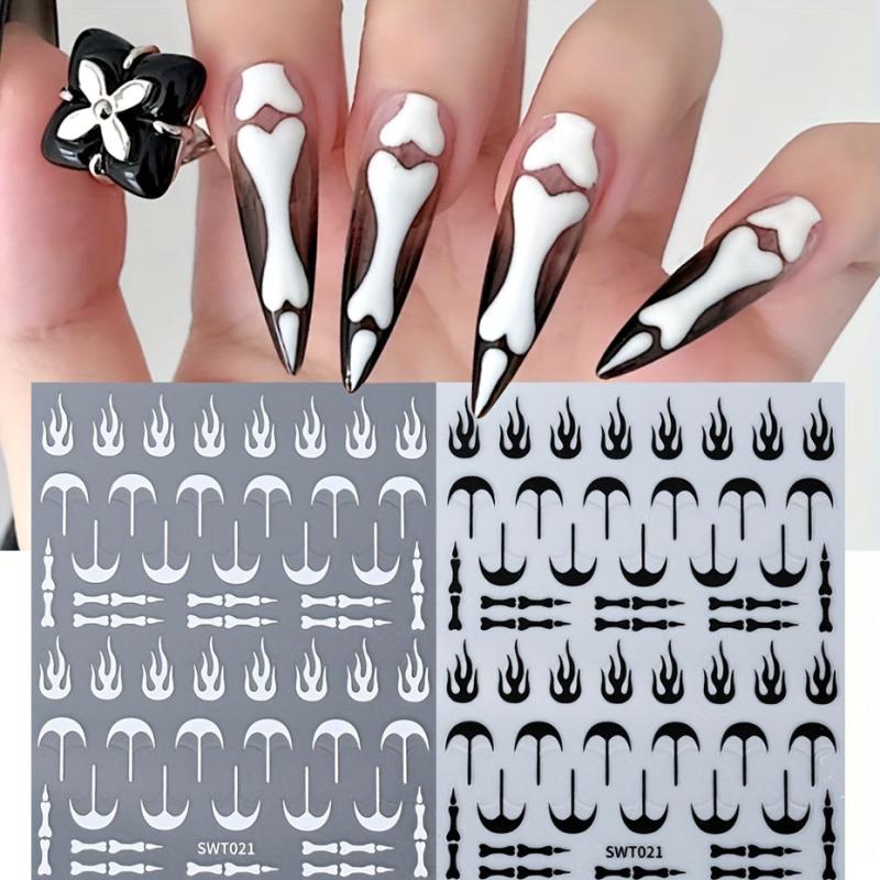 3D Skeleton Nail Sticker Silver Flame Lines Nail Sliders 2 Sheets