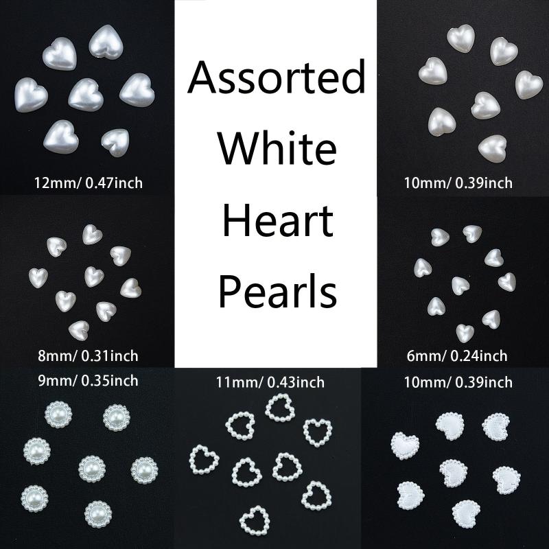 500 Pcs Heart Pearls Nail Beads Mixed Sizes Flatback ABS Charms
