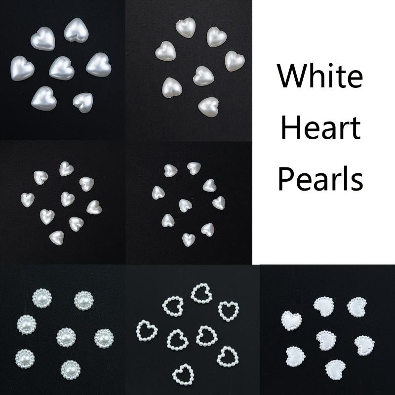 500 Pcs Heart Pearls Nail Beads Mixed Sizes Flatback ABS Charms