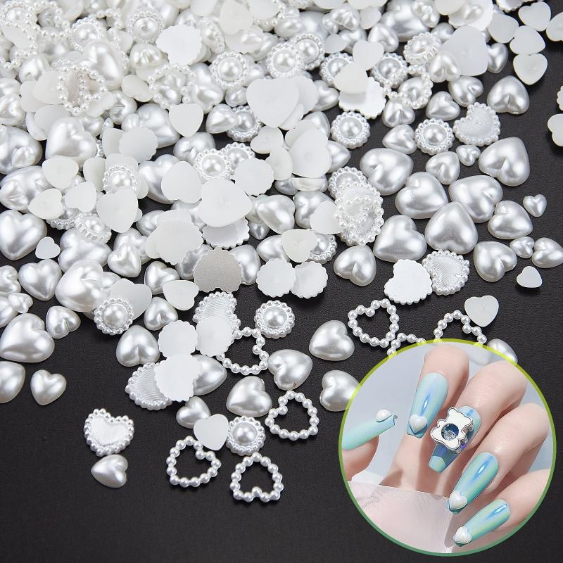500 Pcs Heart Pearls Nail Beads Mixed Sizes Flatback ABS Charms